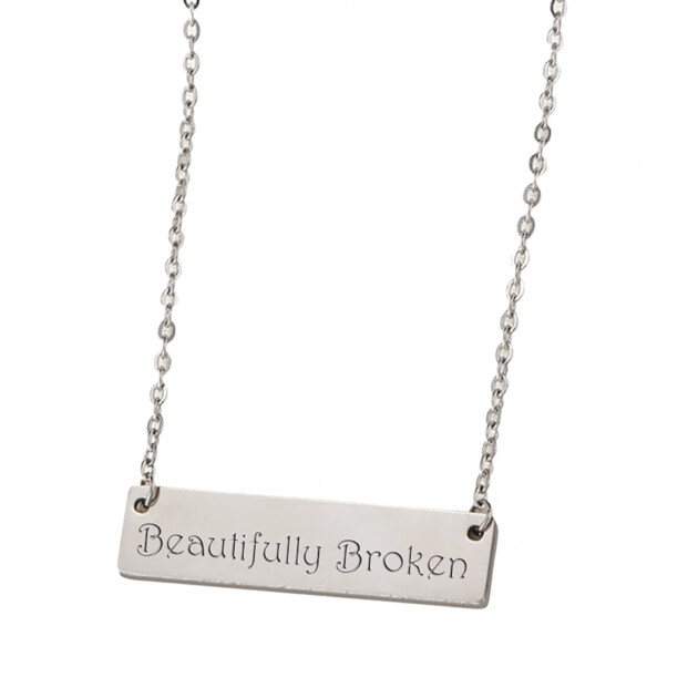 Custom Engraved Rectangle Necklace – "Beautifully Broken" or "Think